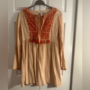 Forever 21 Gauze Flowy Long Sleeve Dress Size Medium Cream and Dark Orange